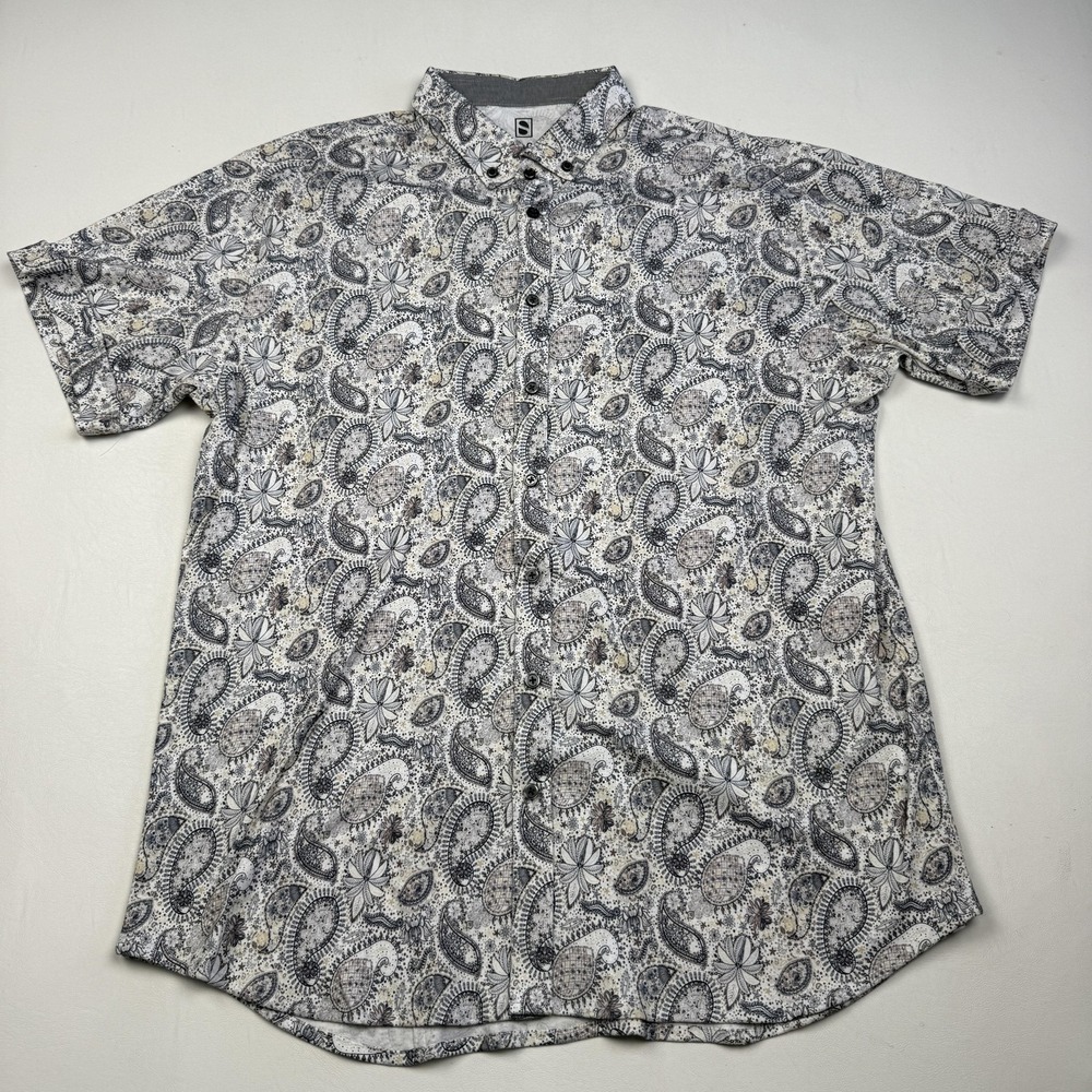 DeSoto Shirt Mens Large Multicolor Paisley Jersey Short Sleeve Button Up Stretch